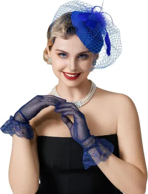 SWEETV Fascinators Pillbox Hats for Women, Tea Party Hat and Short Lace Gloves Set Perfect for Kentucky Derby, Cocktail