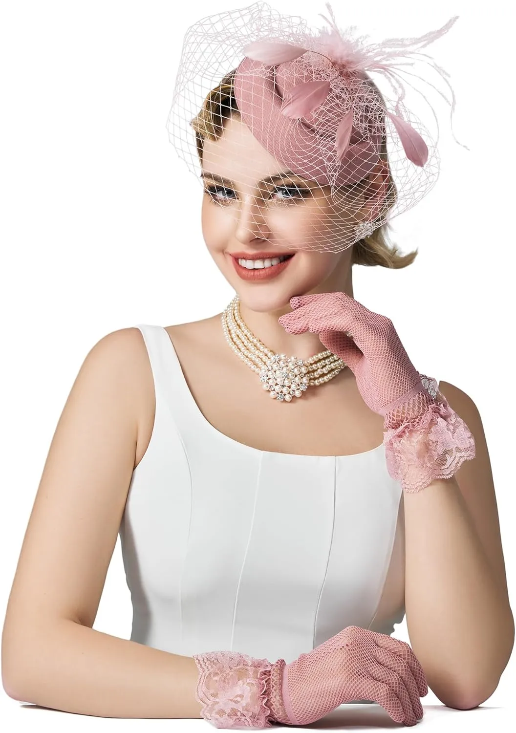 SWEETV Fascinators Pillbox Hats for Women, Tea Party Hat and Short Lace Gloves Set Perfect for Kentucky Derby, Cocktail