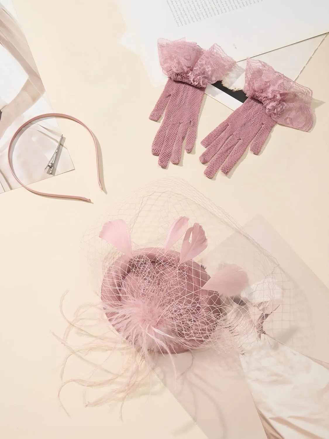 SWEETV Fascinators Pillbox Hats for Women, Tea Party Hat and Short Lace Gloves Set Perfect for Kentucky Derby, Cocktail