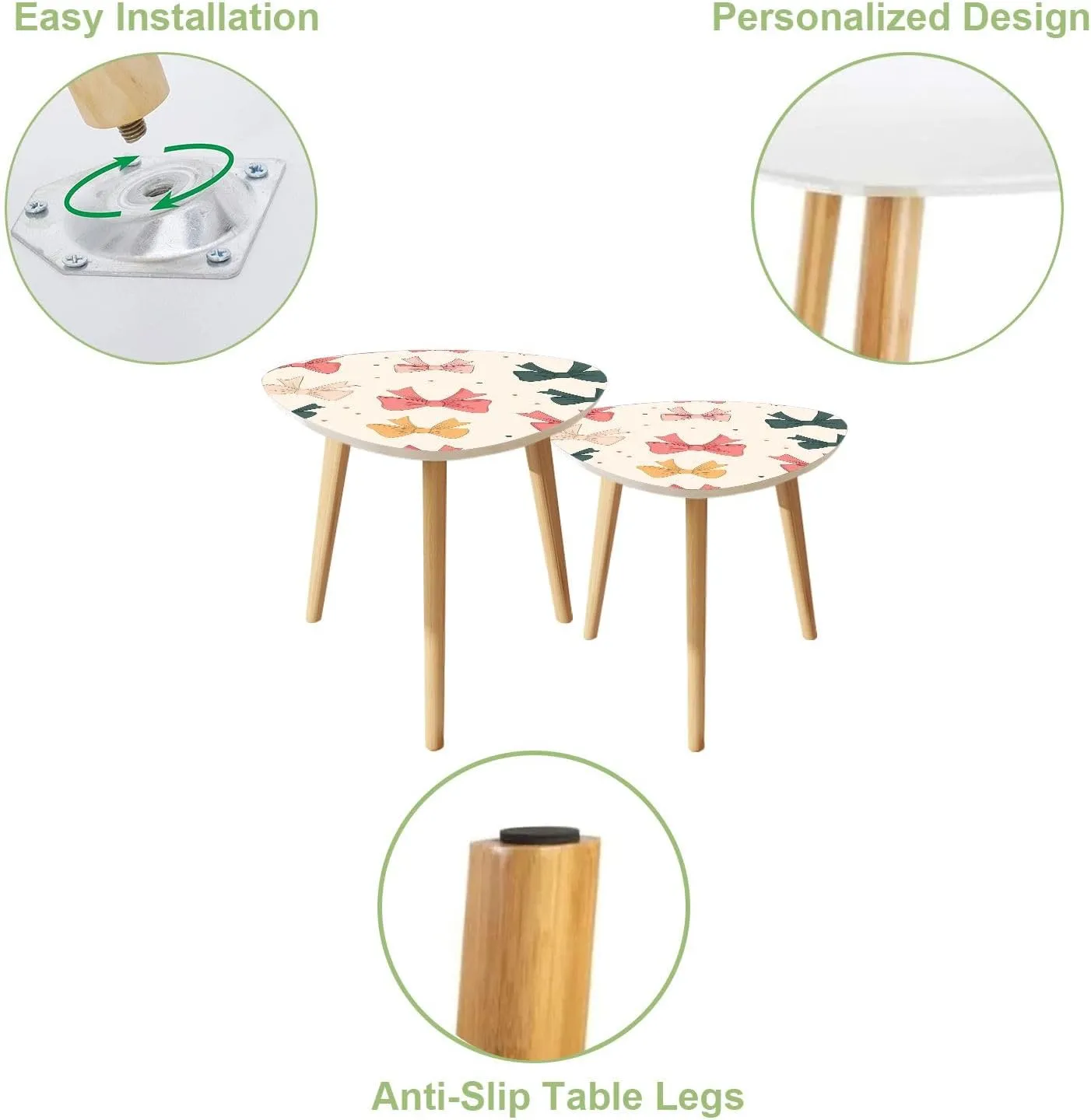 Triangle Nesting Coffee Table Set of 2 Seamless Pattern Tied Bows s Ribbons Romantic Girlish Accessories Modern Minimalist Side Table Small End Leisure Tea Tables for Living Room Bedroom Office