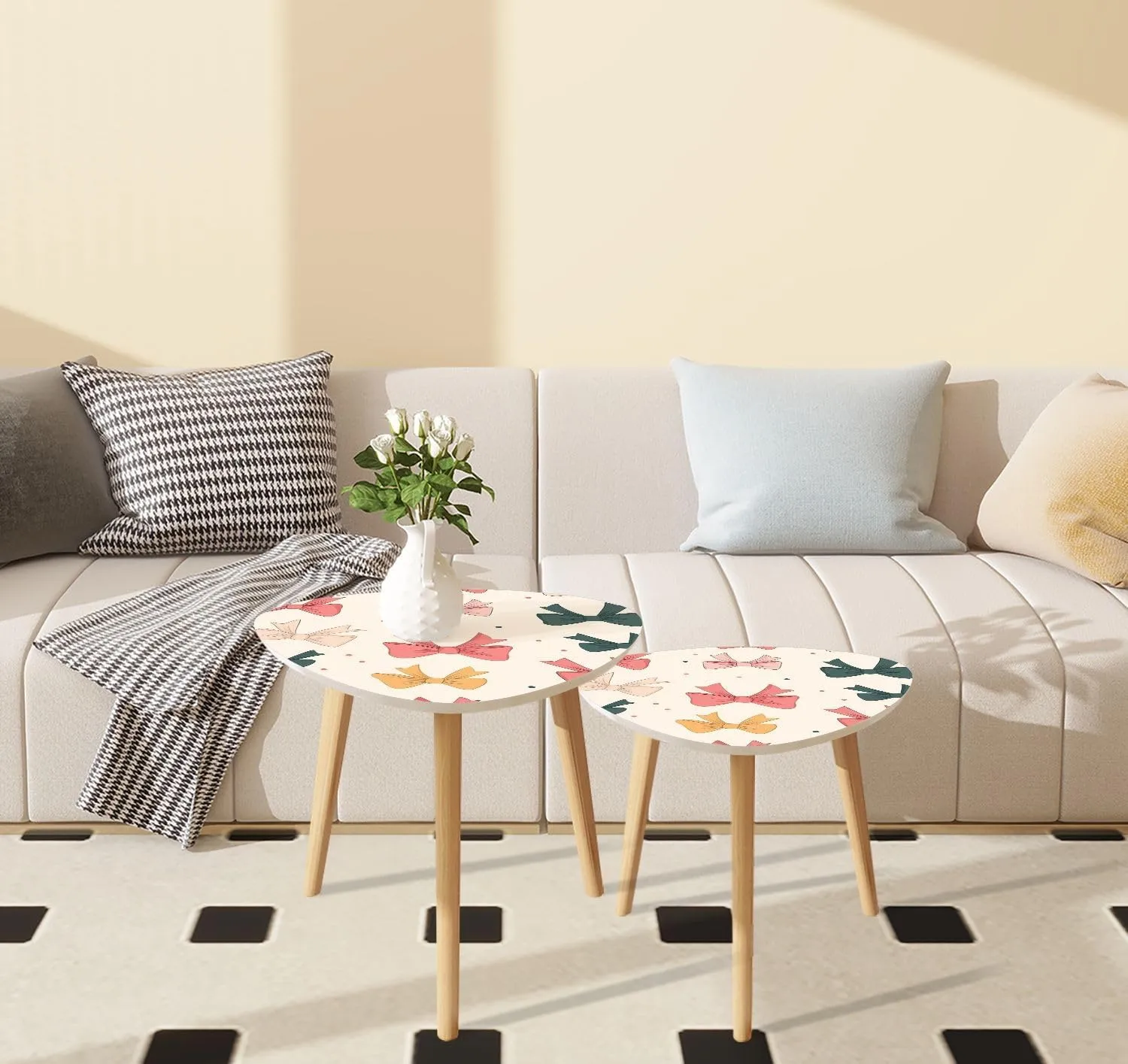 Triangle Nesting Coffee Table Set of 2 Seamless Pattern Tied Bows s Ribbons Romantic Girlish Accessories Modern Minimalist Side Table Small End Leisure Tea Tables for Living Room Bedroom Office