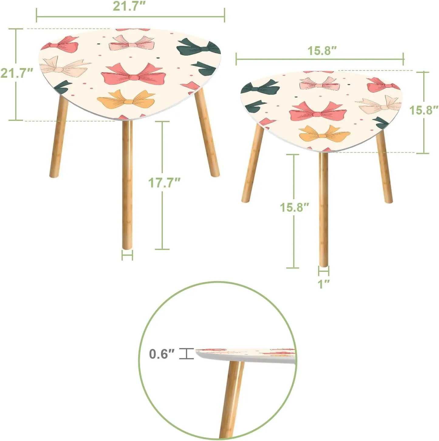 Triangle Nesting Coffee Table Set of 2 Seamless Pattern Tied Bows s Ribbons Romantic Girlish Accessories Modern Minimalist Side Table Small End Leisure Tea Tables for Living Room Bedroom Office