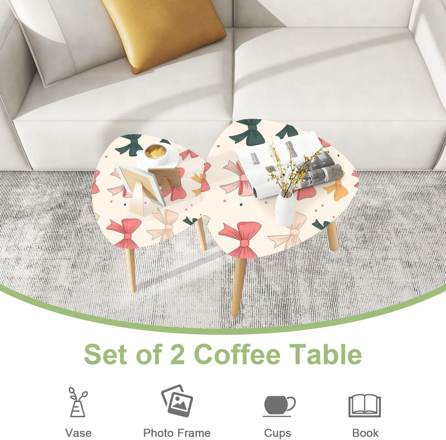 Triangle Nesting Coffee Table Set of 2 Seamless Pattern Tied Bows s Ribbons Romantic Girlish Accessories Modern Minimalist Side Table Small End Leisure Tea Tables for Living Room Bedroom Office