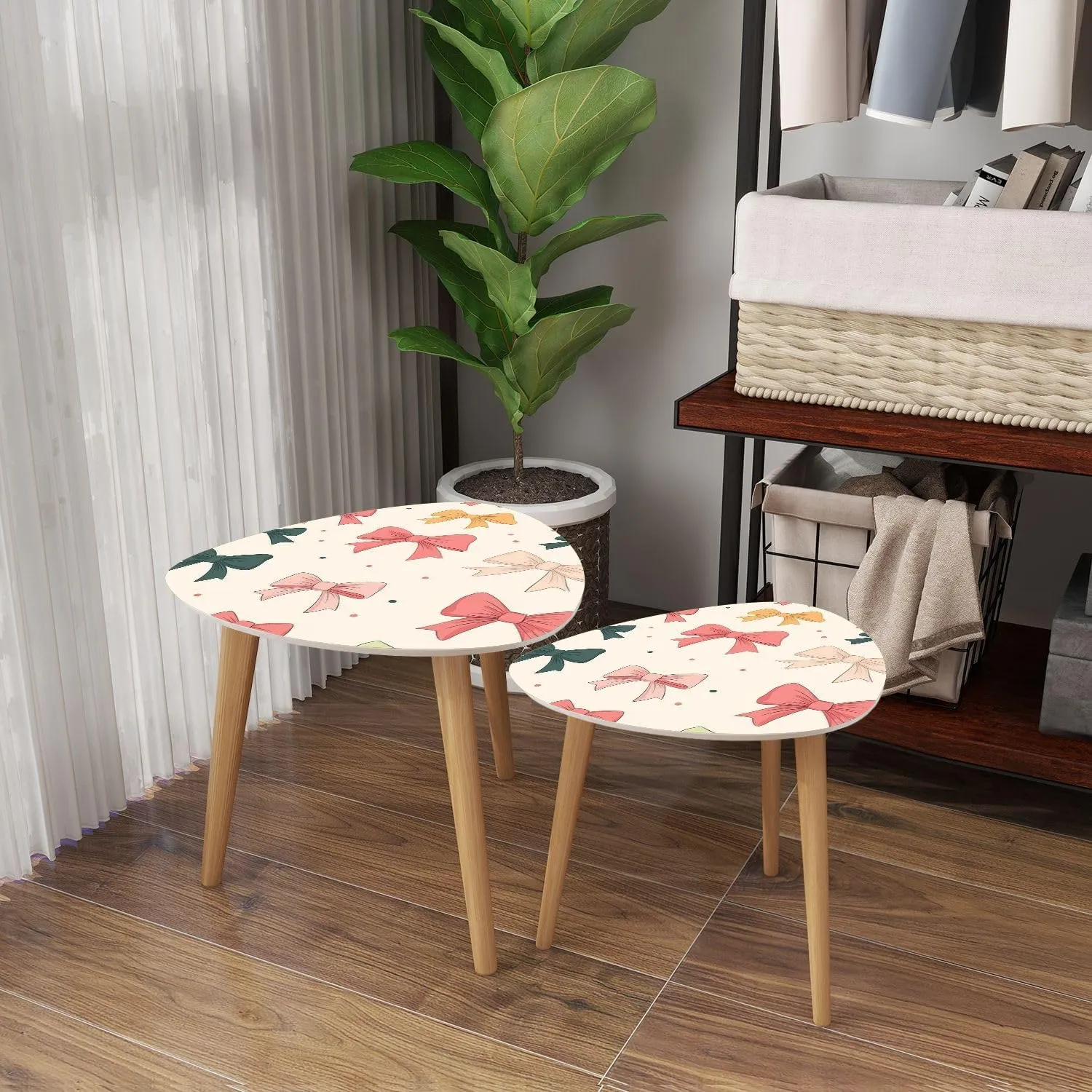 Triangle Nesting Coffee Table Set of 2 Seamless Pattern Tied Bows s Ribbons Romantic Girlish Accessories Modern Minimalist Side Table Small End Leisure Tea Tables for Living Room Bedroom Office