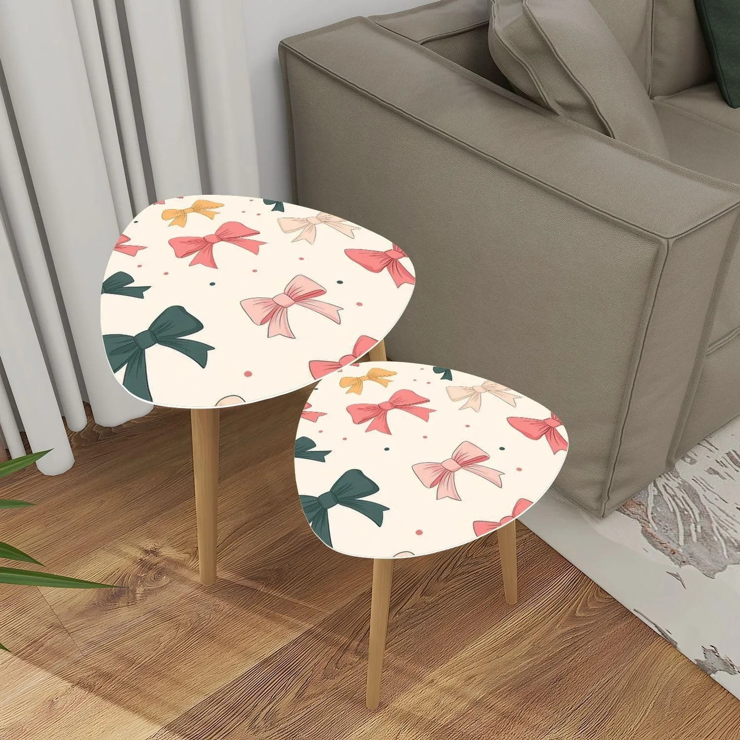 Triangle Nesting Coffee Table Set of 2 Seamless Pattern Tied Bows s Ribbons Romantic Girlish Accessories Modern Minimalist Side Table Small End Leisure Tea Tables for Living Room Bedroom Office