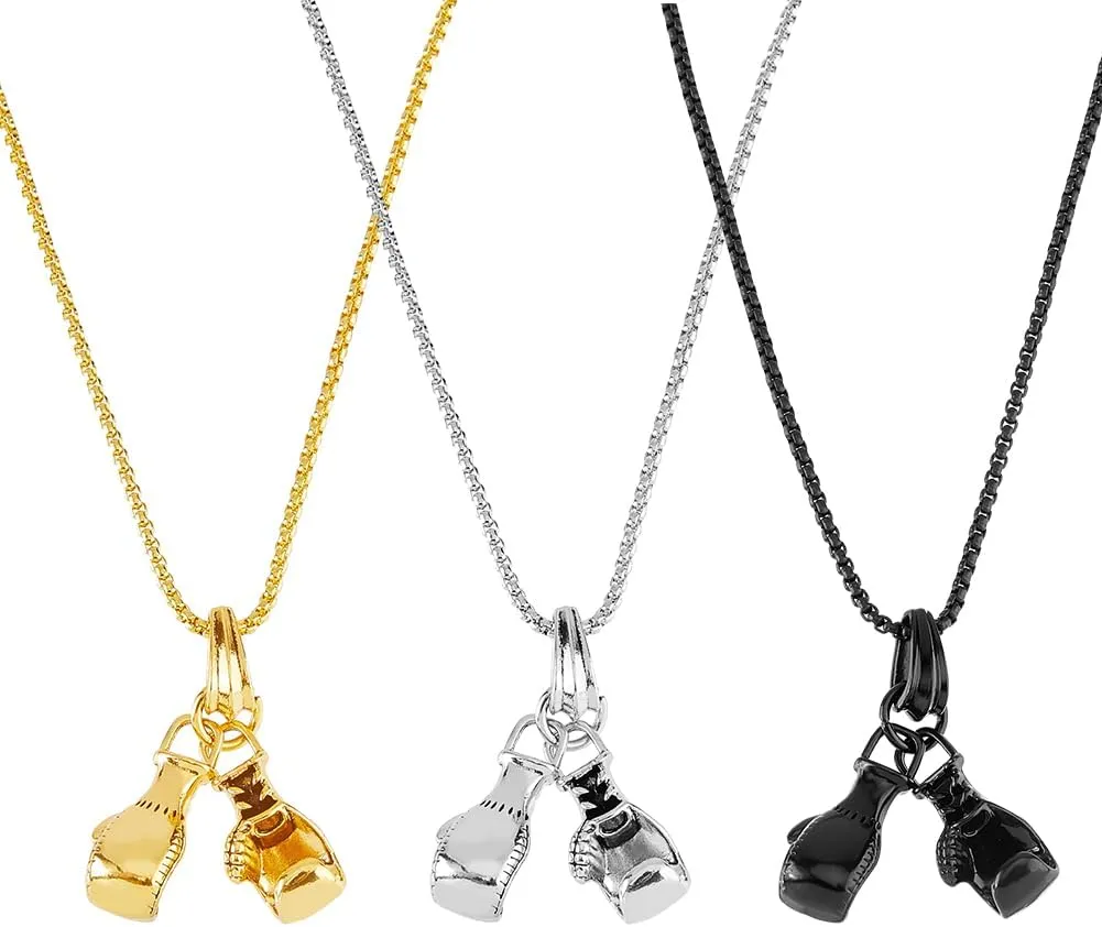 UNICRAFTALE 3Pcs 3Colors 60cm Boxing Gloves Necklaces Mens Pendant Necklaces Sportsman Fitness Necklaces Titanium Steel Charm Cool Punk Necklaces for Men Birthday Valentine Gift