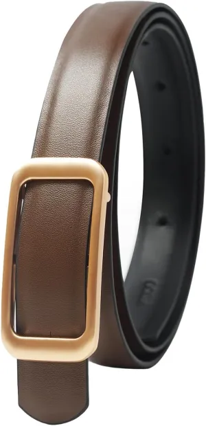 Women's Reversible Genuine Leather Belt Thin Fashion Waist Belts for Jeans Pants Dresses with Gold Buckle